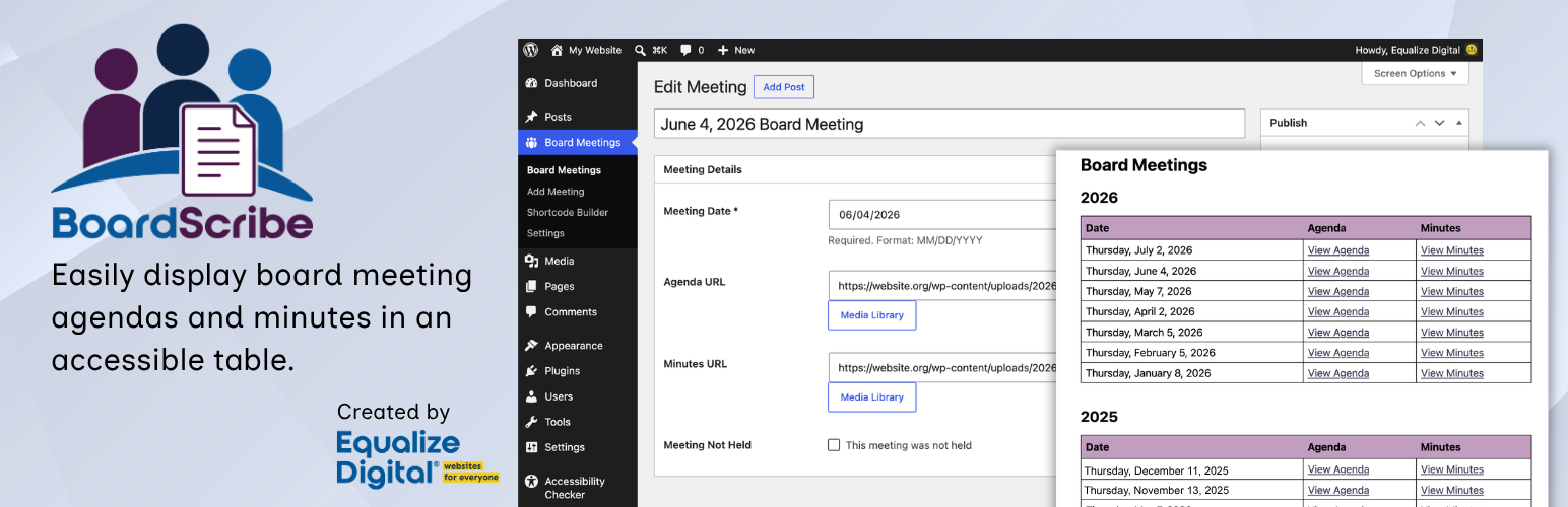 WordPress 外掛 BoardScribe – Accessible Board Meeting Agendas and Minutes 的封面圖片
