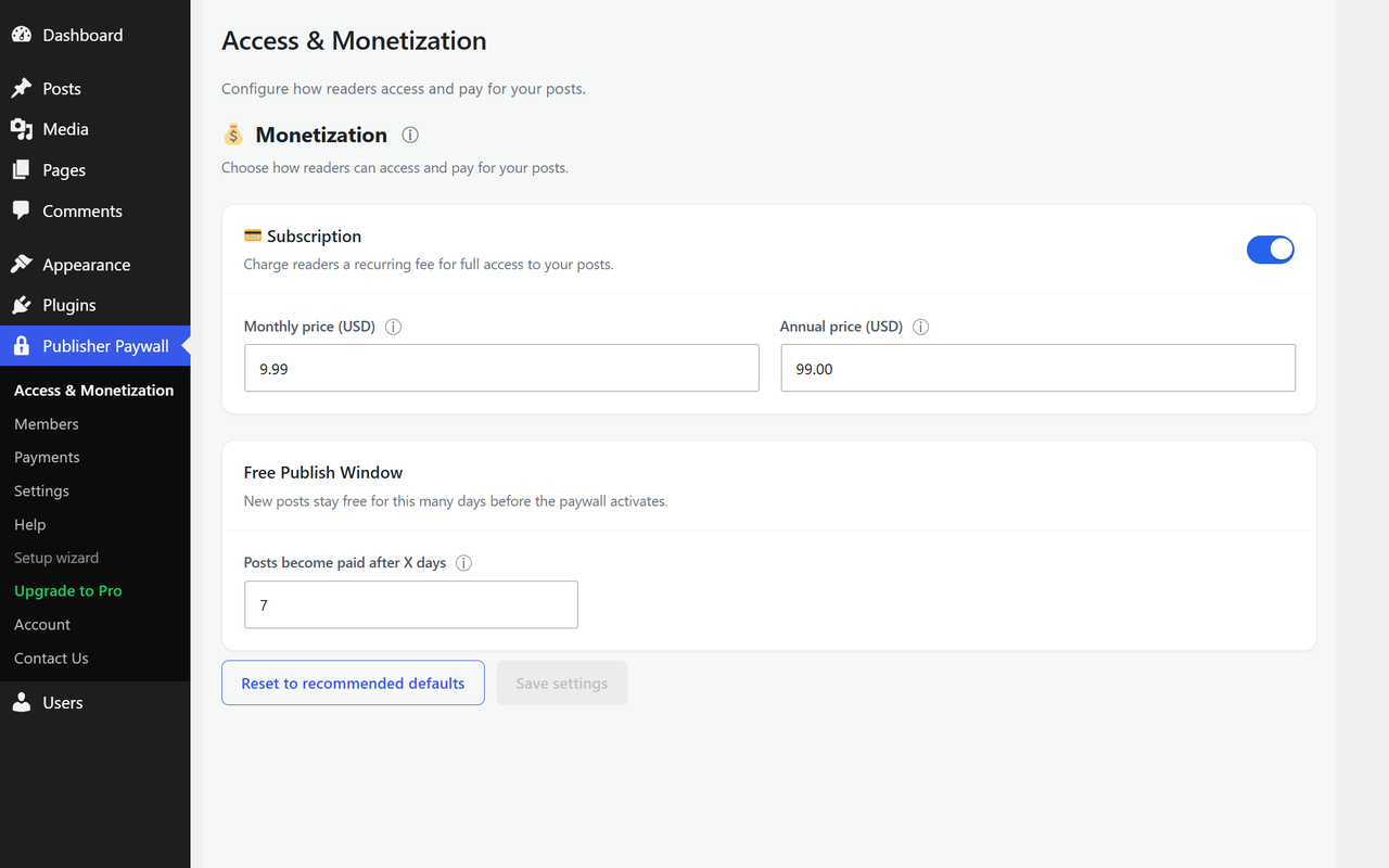 Access & Monetization — configure pricing and paywall rules in one place