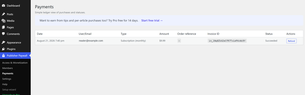 Payments page — track all revenue
