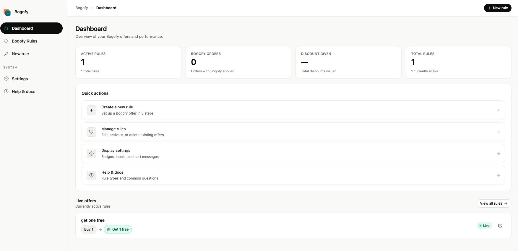 Dashboard overview showing active rules and stats.