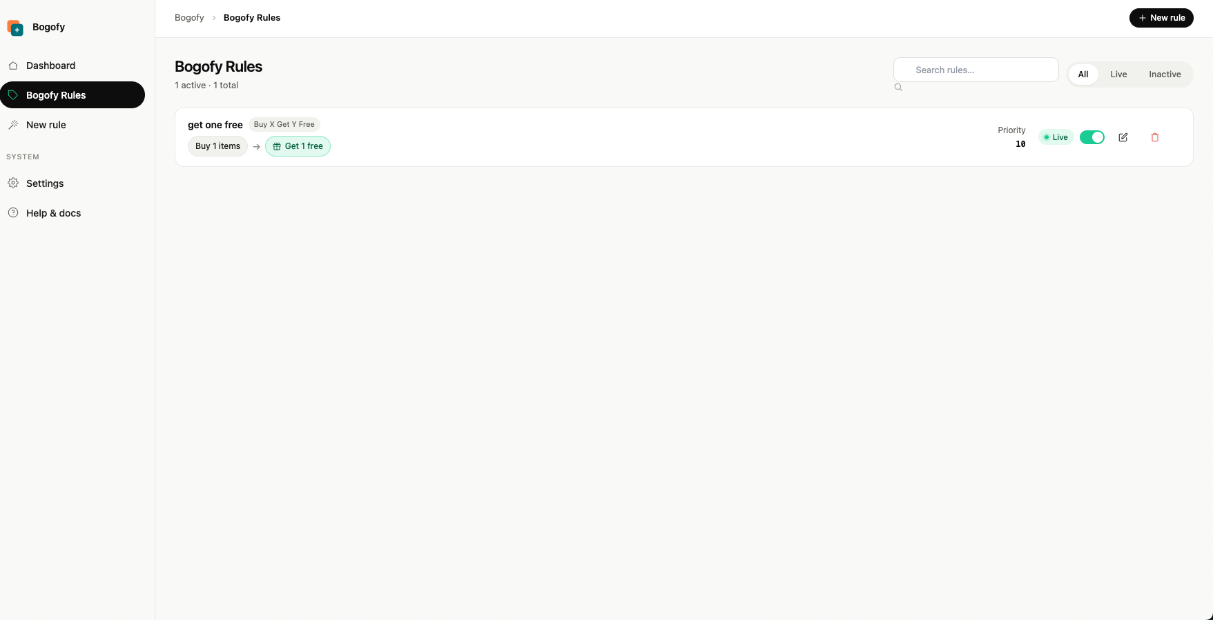 Rules listing with status toggles.