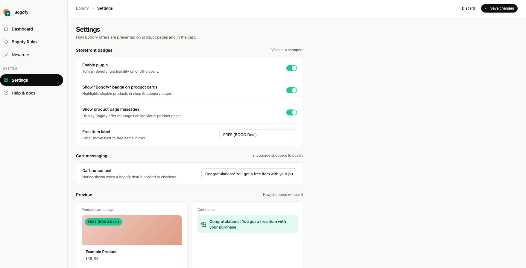Settings screen for labels and display options.