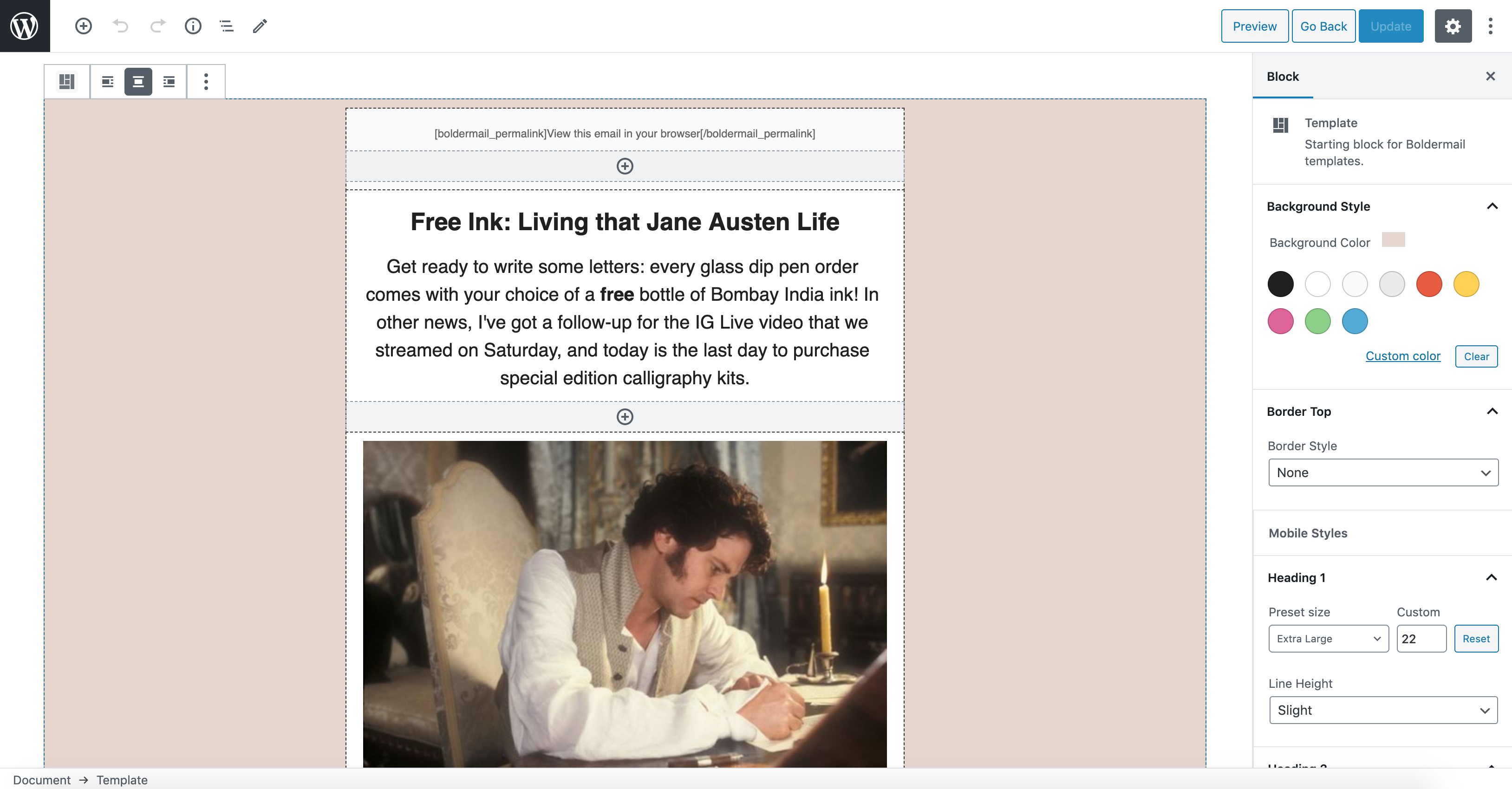 The email template builder is powered by the new Gutenberg block editor.