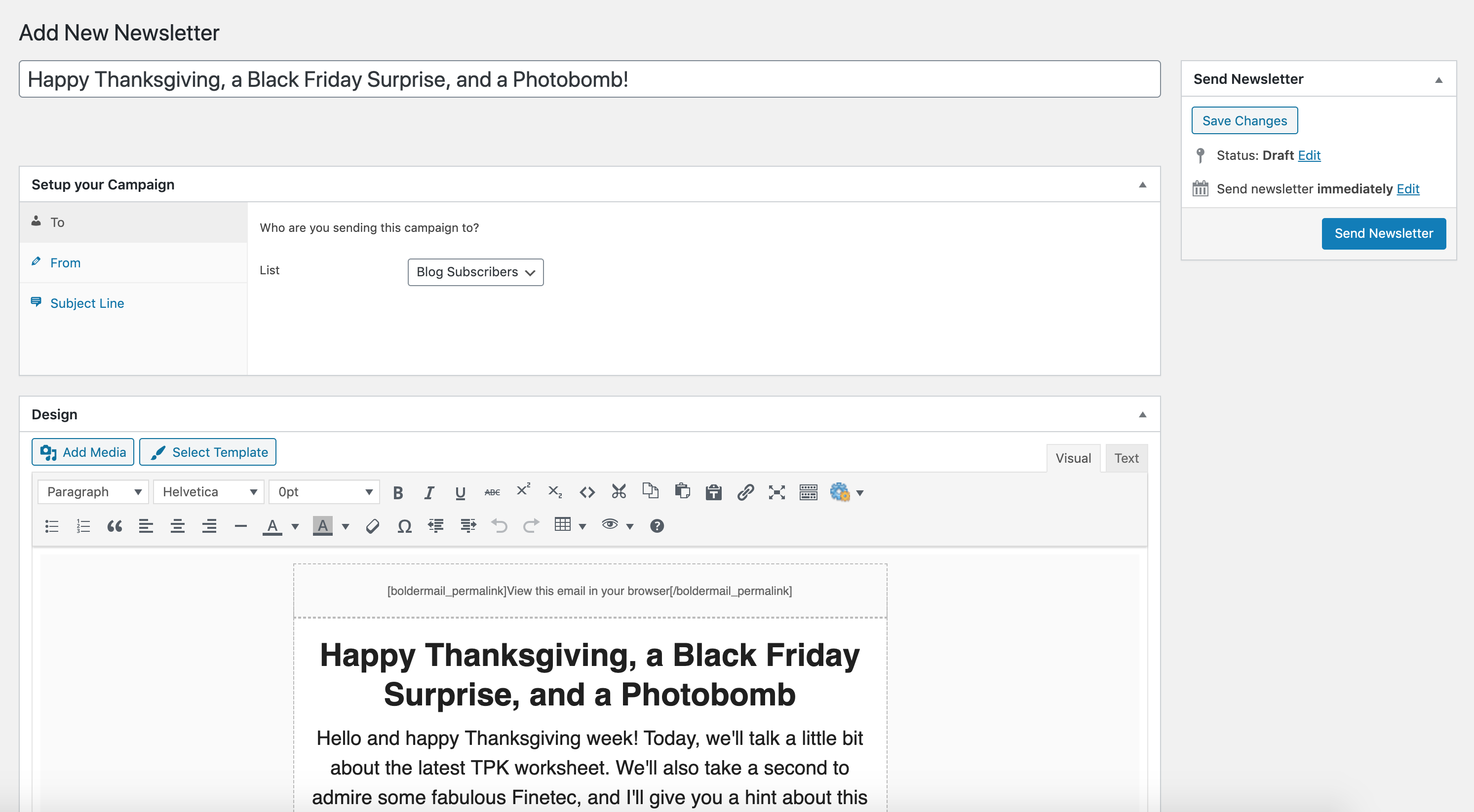 Add a new email newsletter campaign. From this page, you can select an email template, edit your newsletter content, select your recipients list, and send or schedule the email campaign.