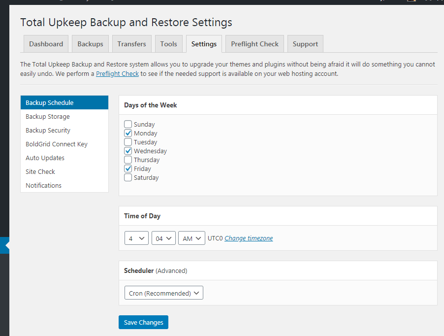 Easily schedule backups using Cron or WP Cron. Set a time of day, select the days of the week, and Total Upkeep will automate backups for you. You will receive an email after each backup has been completed.