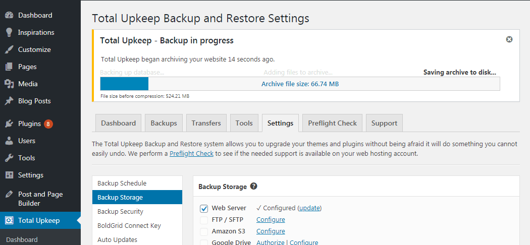 For large sites, backups can sometimes take a bit of time to complete. During backups, a progress bar is shown to keep you updated on the backup's status.