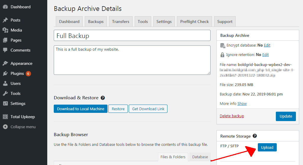 When viewing the details of a backup, click the "Upload" button to easily upload the backup archive to one of your remote storage providers, such as an FTP server.