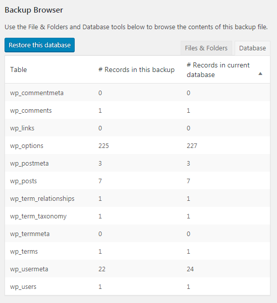 You can also use the Backup Browser to see which database tables are included in the backup and compare the # records to your current database.