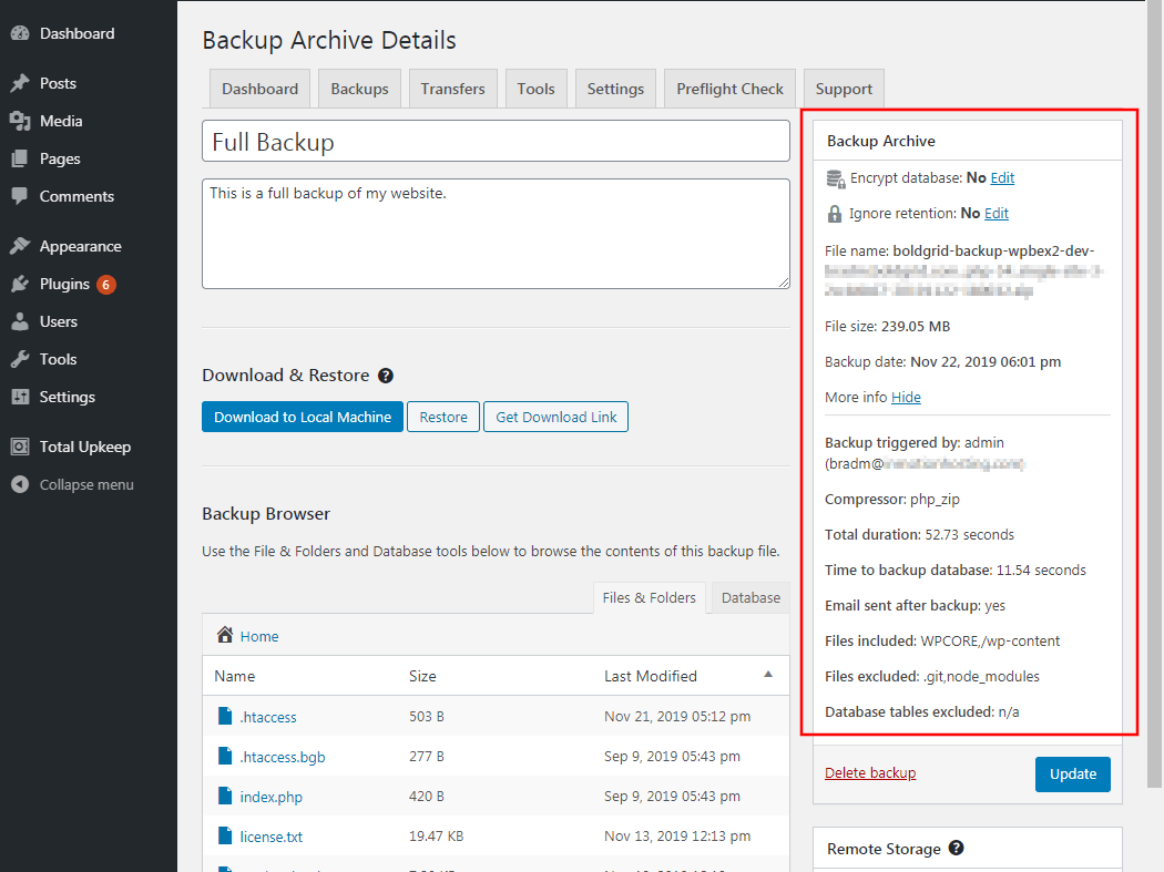 The right sidebar of the Backup Archive Details page shows information about a backup, including who made the backup, what was backed up, how long the backup took, and more.