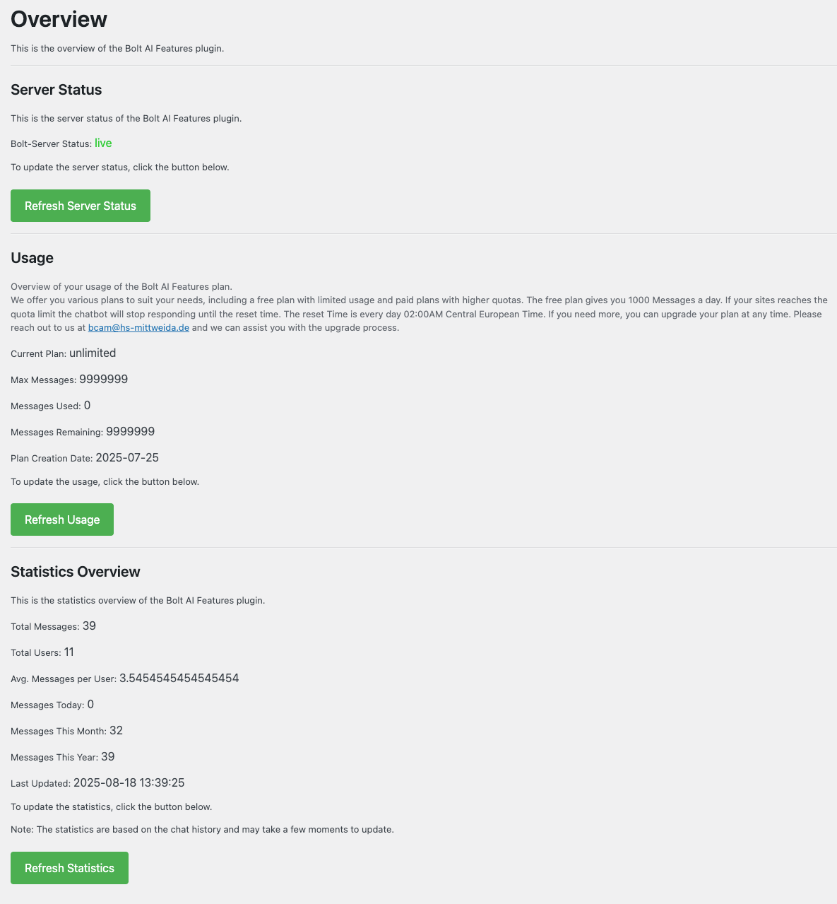 Admin dashboard with usage statistics
