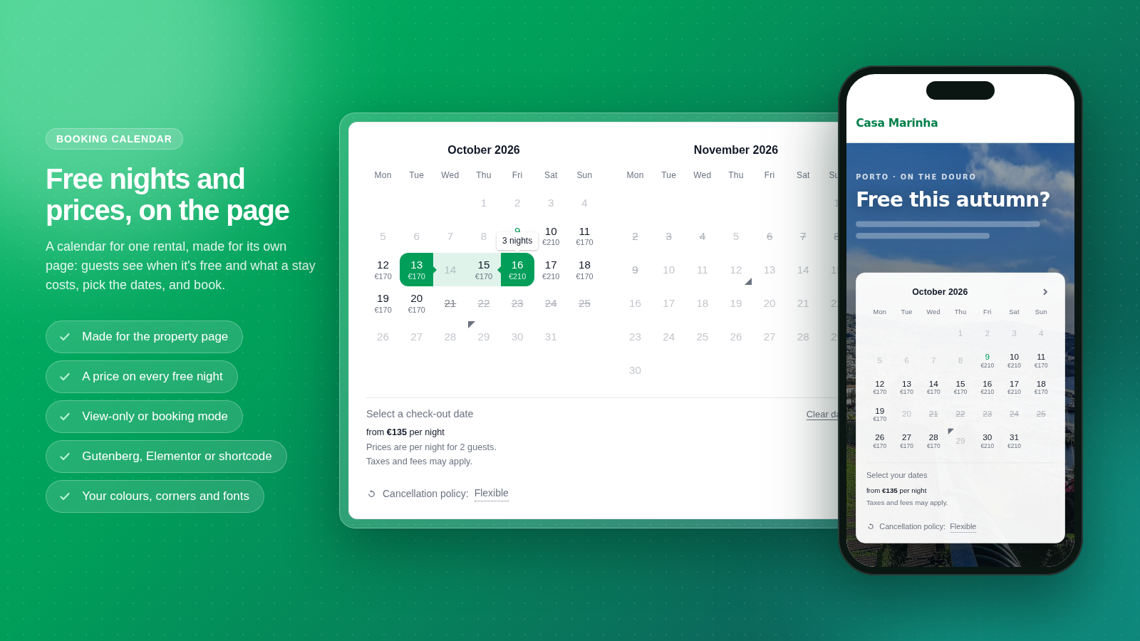 Booking calendar for a property page — an availability calendar with a price on every free night. Guests pick their dates and book, or just check free dates.