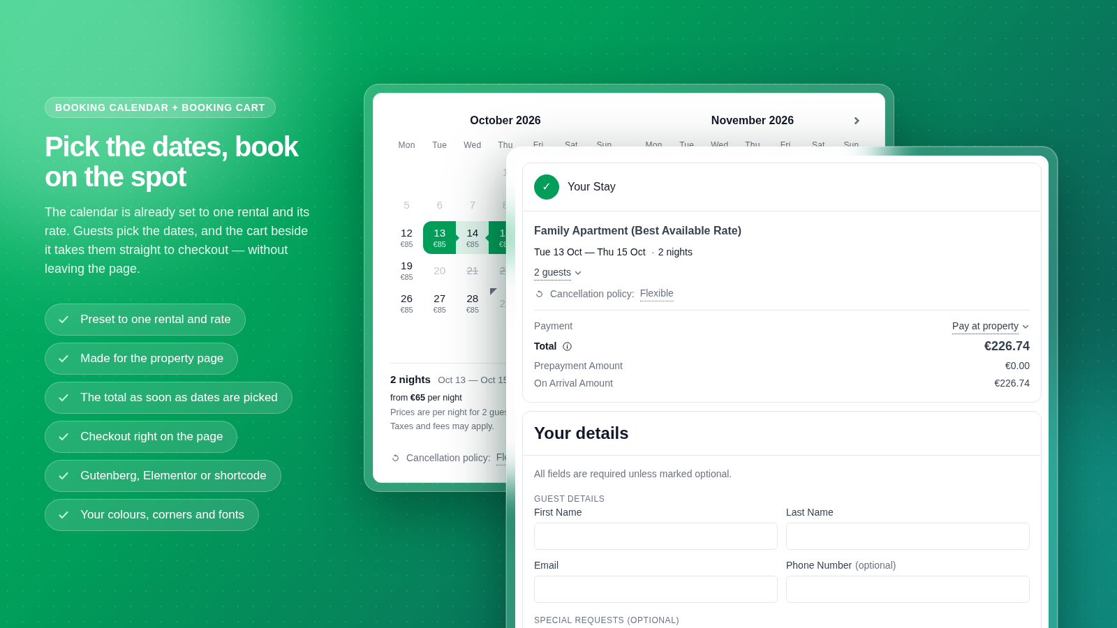 Booking Calendar and Booking Cart together: guests pick dates and check out right beside the calendar, without leaving the page.