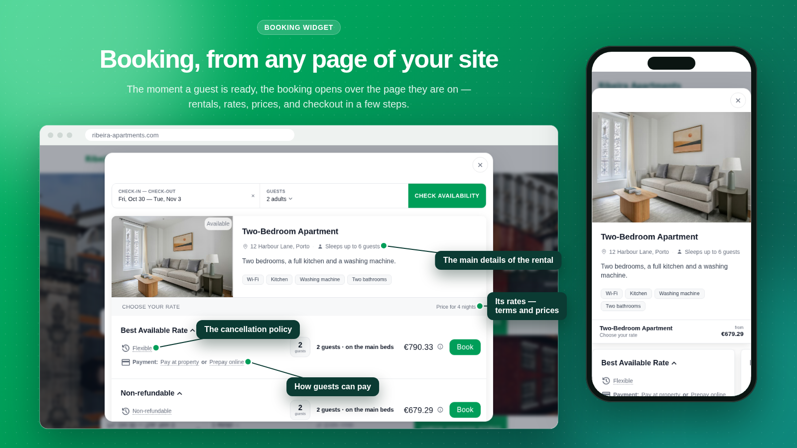 The booking widget opens over any page of your site: the rental, its rates, cancellation policy, payment options and the price for the stay.