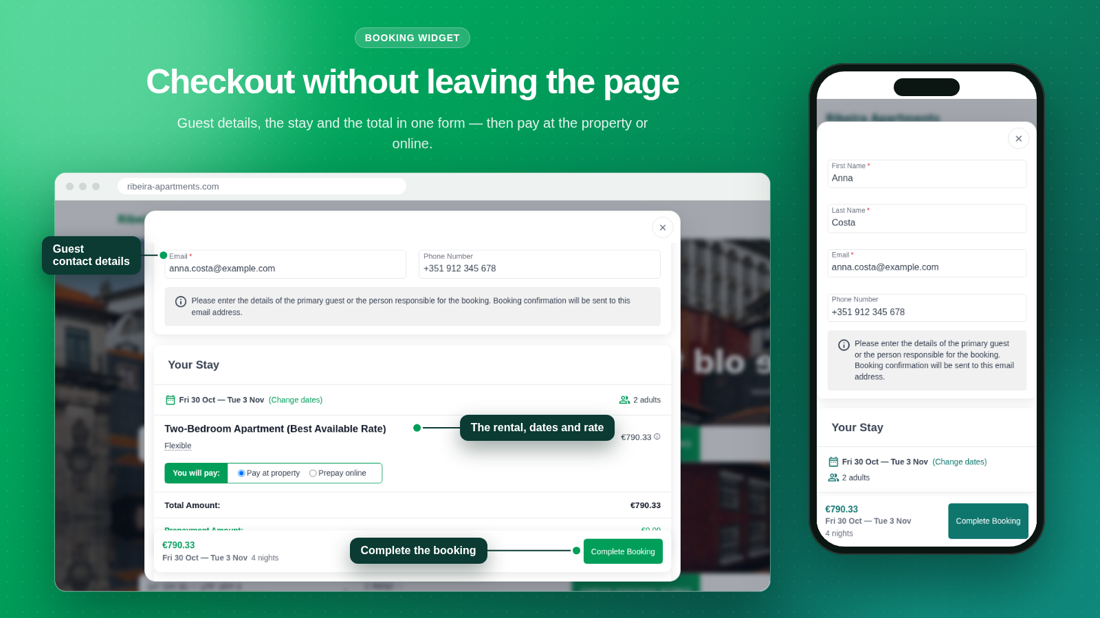 Checkout in the same window: guest details, the stay and the total in one form — then guests pay at the property or online.