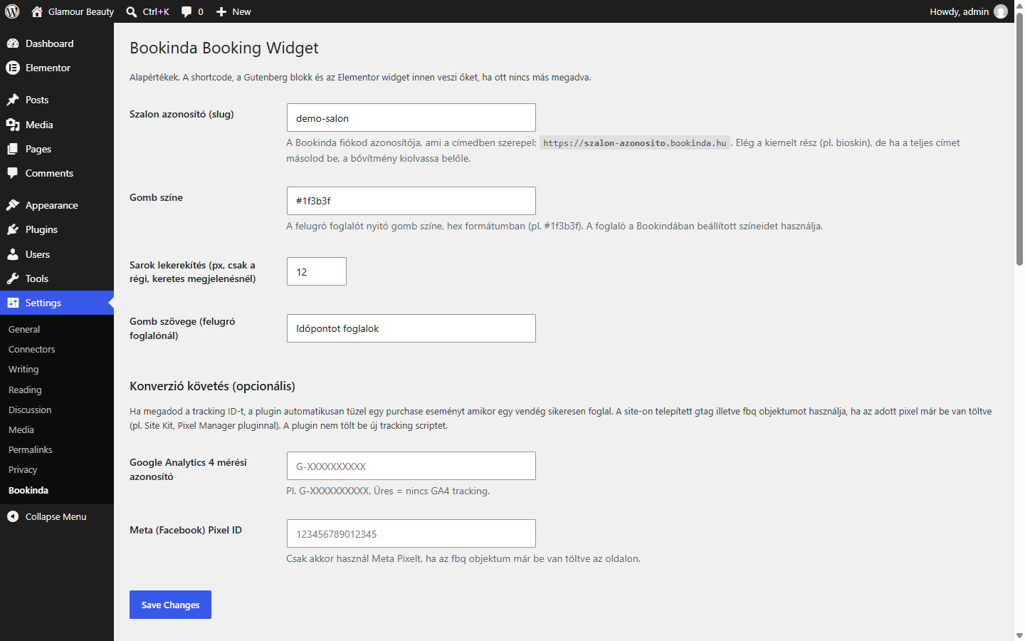 Plugin settings: salon slug, button label and optional GA4 and Meta Pixel tracking.