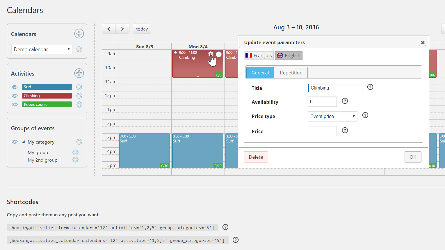 WYSIWYG calendar editor. Simply drag and drop events. Click on events for additional settings (availability, repetition...).