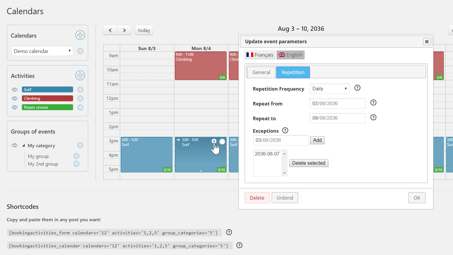 Create daily, weekly or monthly repeated events. You can add exception dates to the repetition.