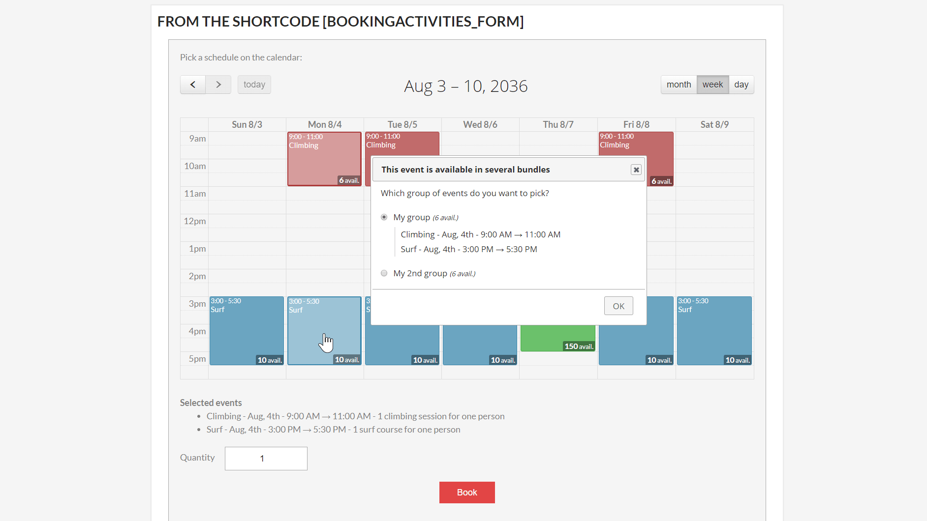 When a customer clicks on a grouped event, the whole group is selected. If the event is part of several groups, the customer has to choose one from a dialog.