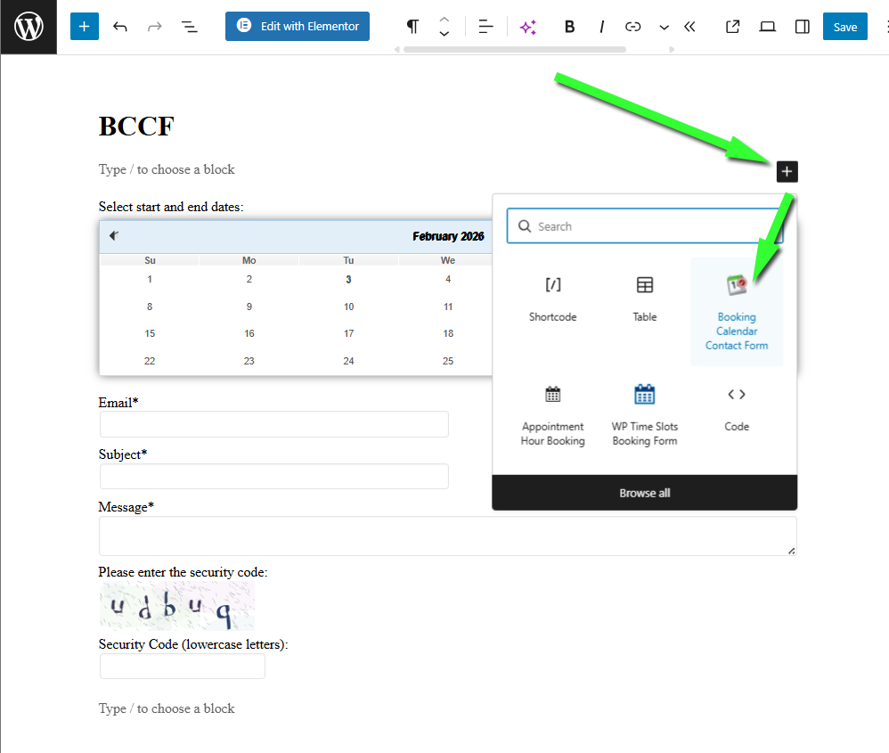 Inserting booking calendar into a page.