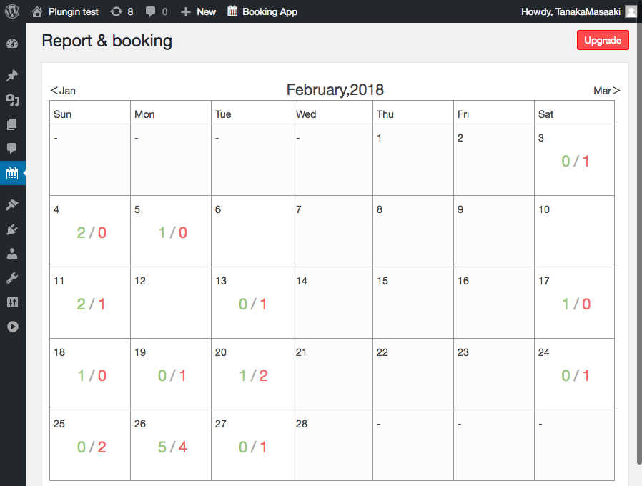 Calendário de status da reserva