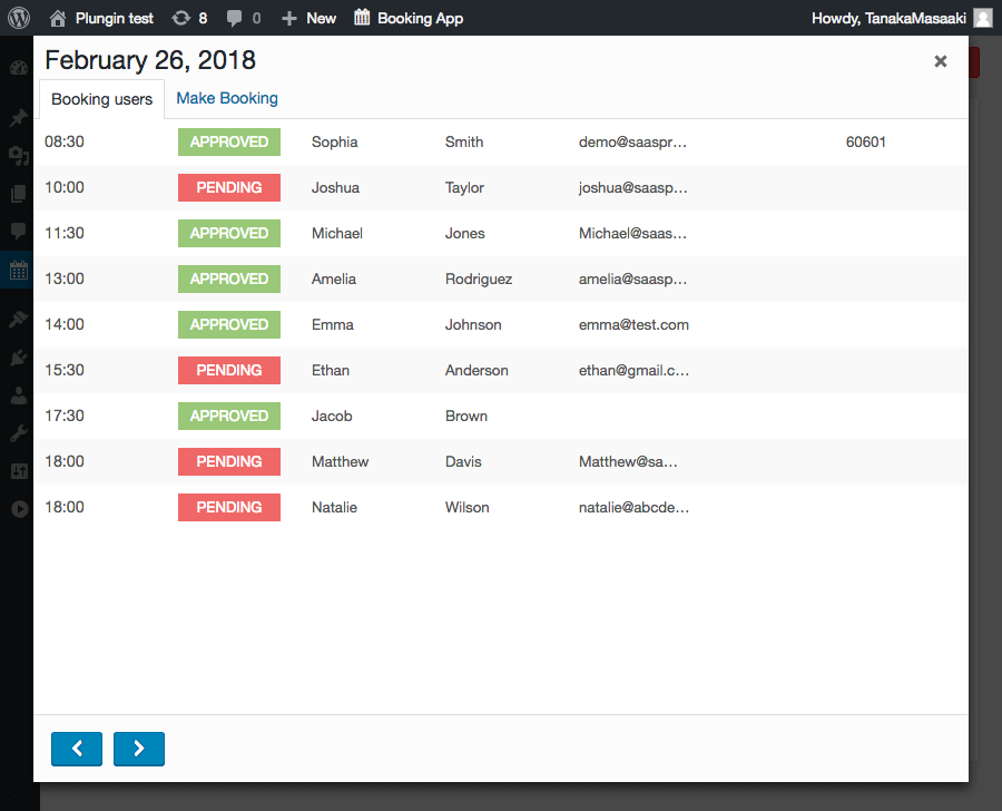 Customer's booking list