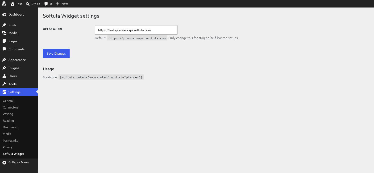 Settings page — configure the API base URL (staging/self-hosted).