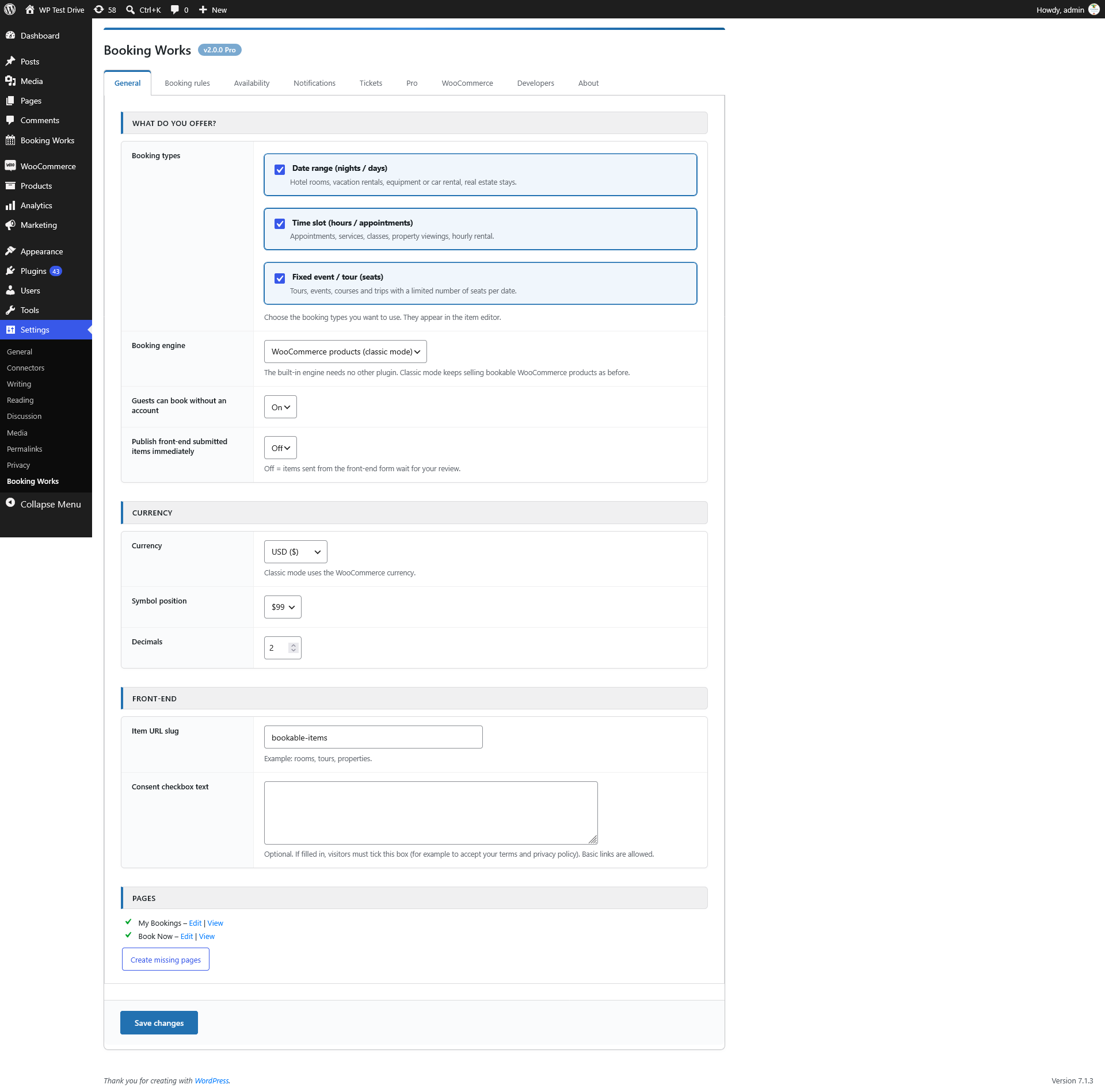 Settings › General – booking types, engine, currency and front-end options.