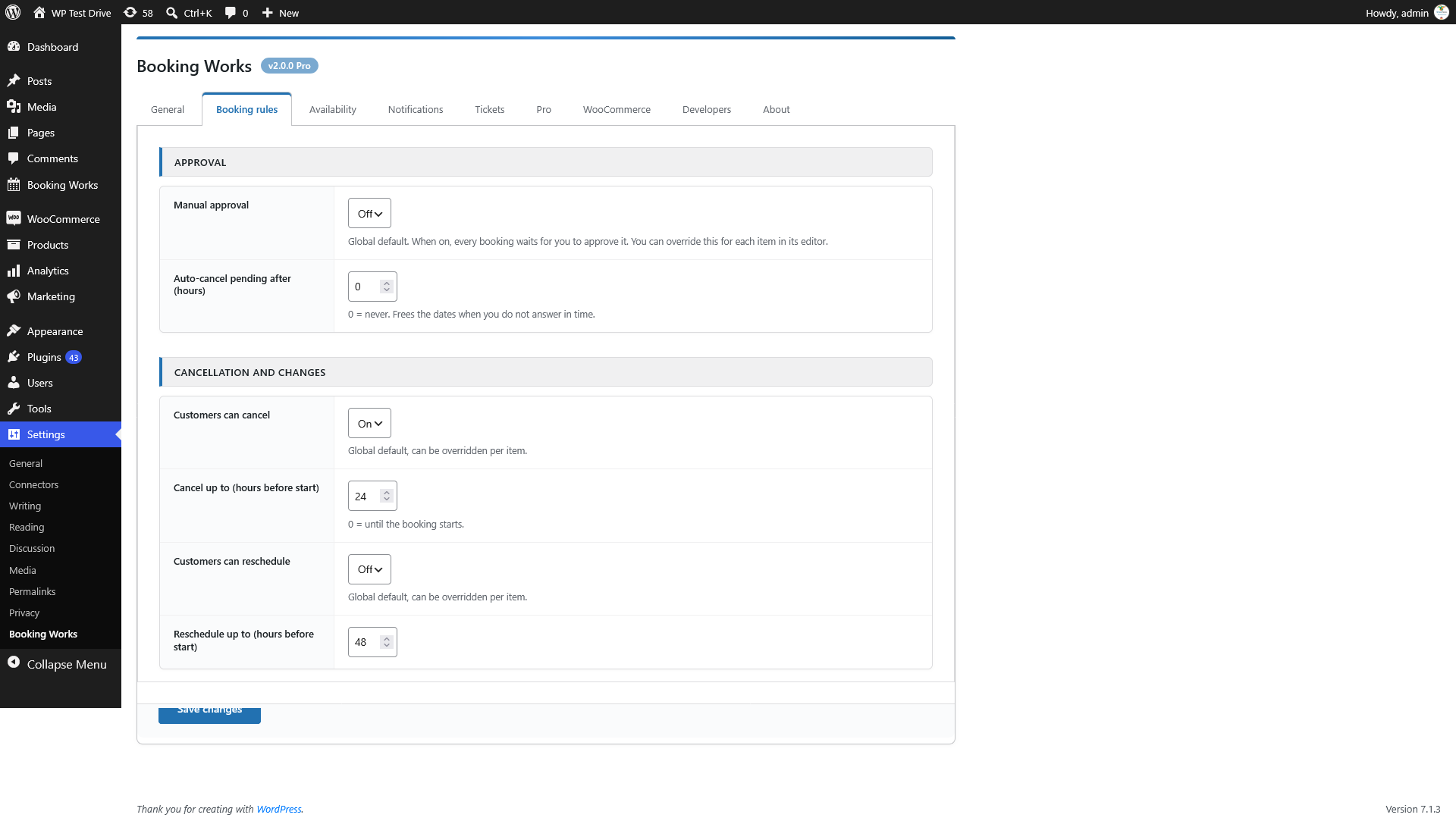 Settings › Booking rules – manual approval, cancellation and rescheduling windows.
