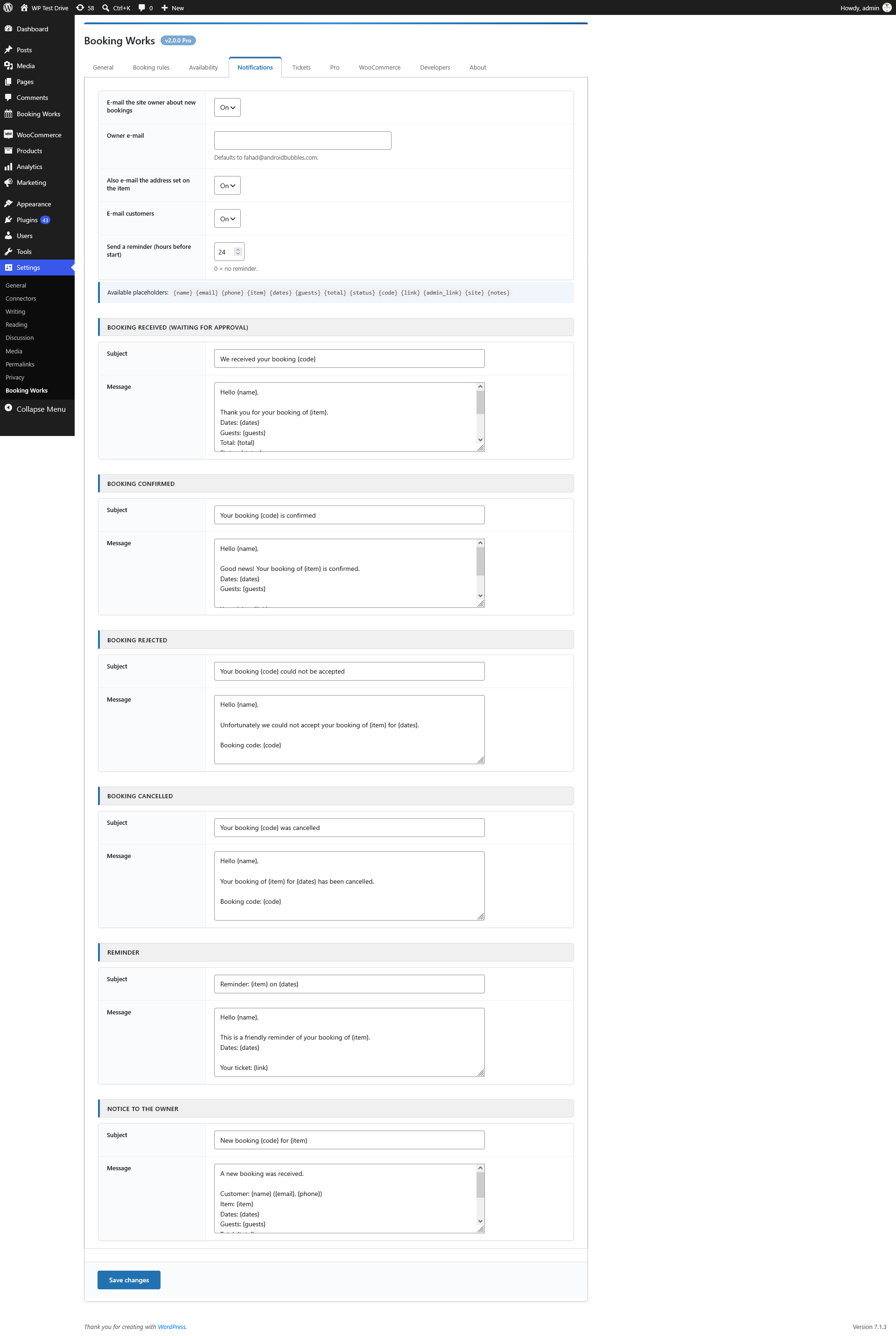 Settings › Notifications – owner/customer e-mails, reminders and editable templates.