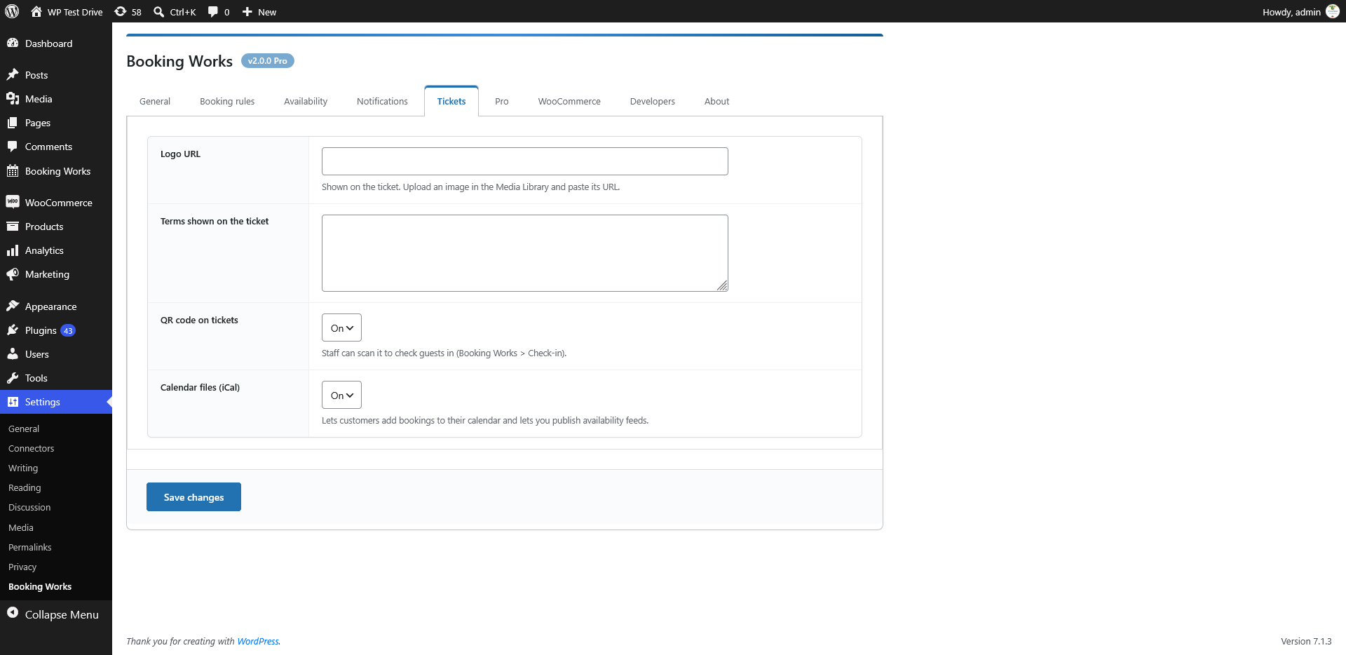 Settings › Tickets – logo, terms, QR codes and iCal calendar feeds.