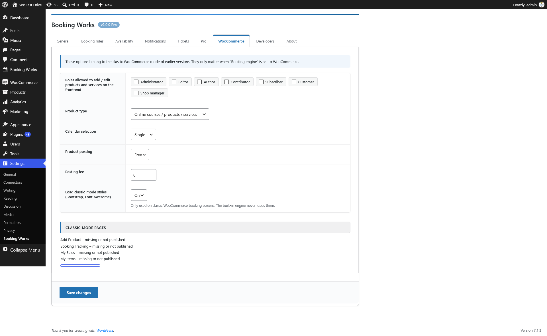 Settings › WooCommerce – classic mode roles, product type and legacy pages.