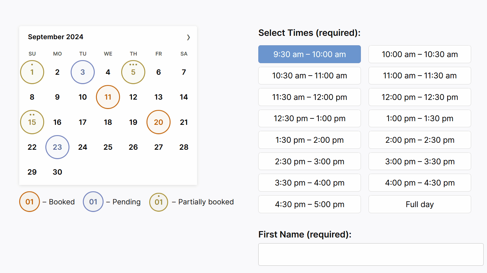 <strong>Time-Slot Appointment Bookings</strong>: This screenshot displays the front-end booking form, configured in a 2-column layout with light theme. It allows users to select <strong>single day</strong> in the calendar and <strong>time slots</strong> in the booking form.