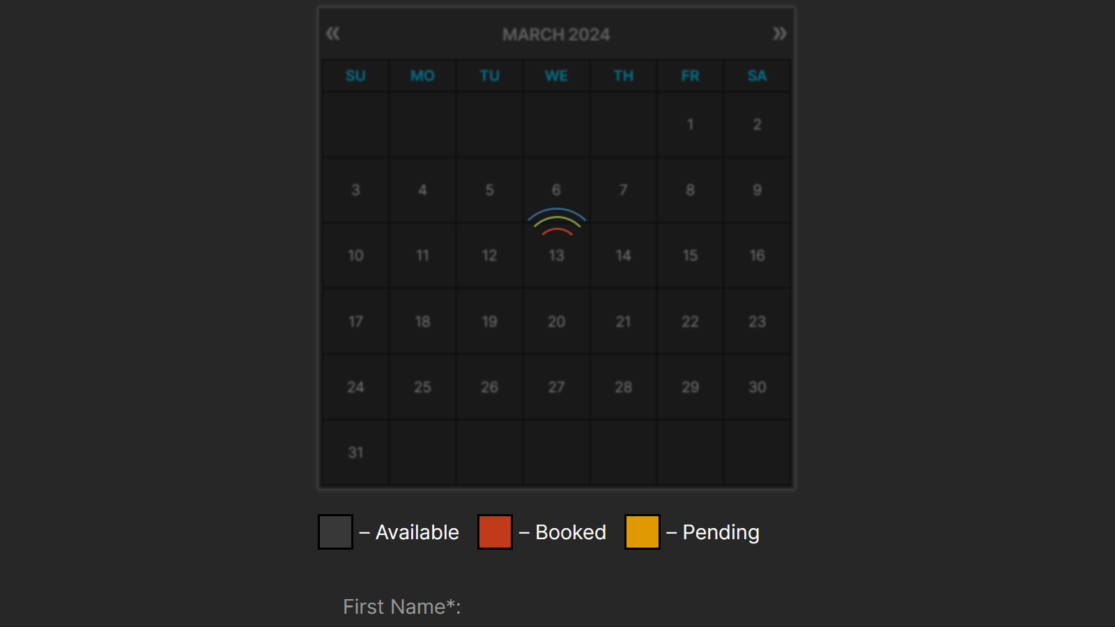 <strong>Full-Day Bookings</strong>: In this screenshot, you can see the front-end booking form, configured in a centered layout with a dark theme. It enables users to select and <strong>book multiple days in the calendar</strong>.