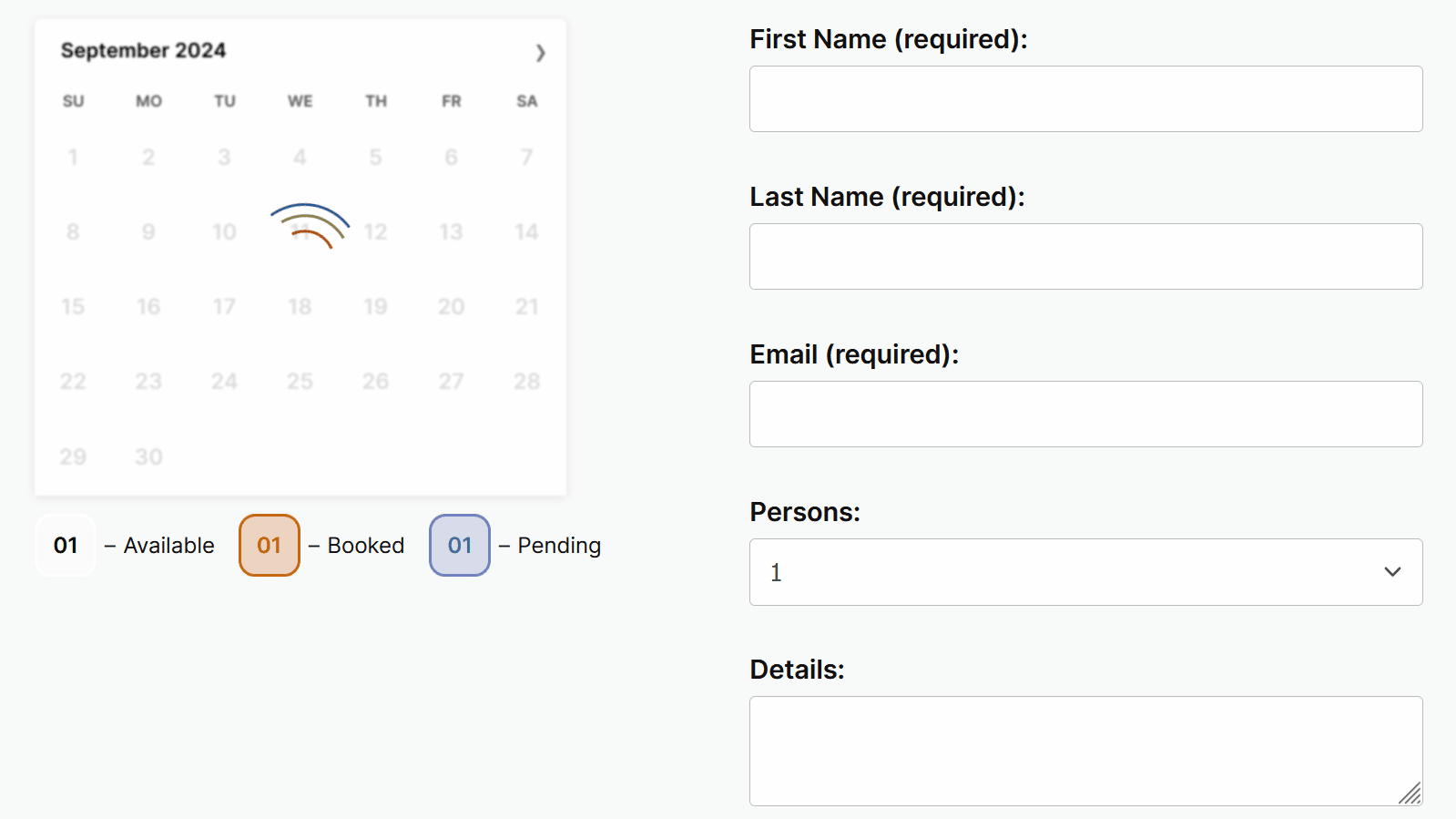 <strong>Full-Day Bookings</strong>: In this screenshot, you can see the front-end booking form, configured in a centered layout with a dark theme. It enables users to select and <strong>book multiple days in the calendar</strong>.