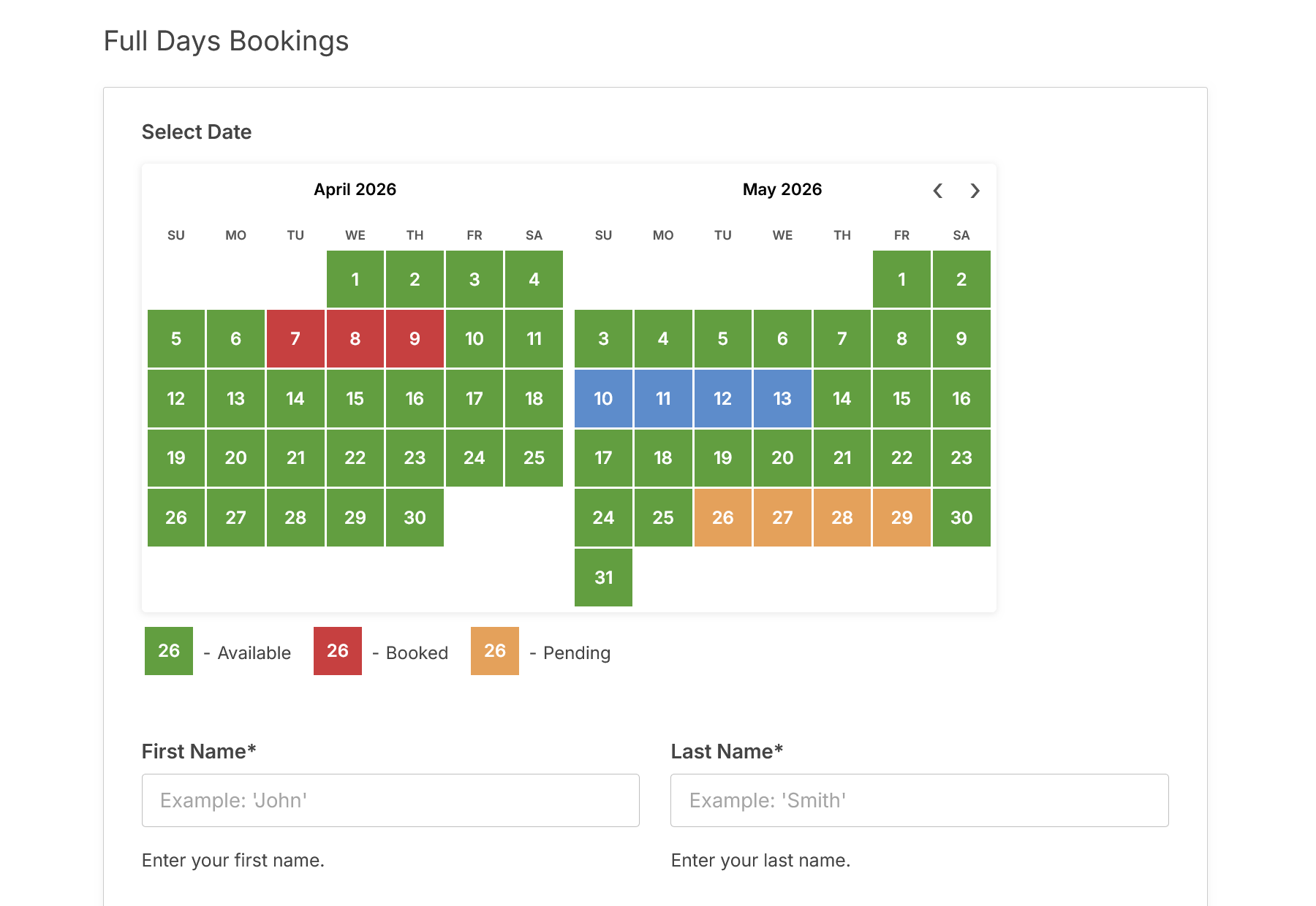 <strong>Full-Day Bookings</strong>: In this screenshot, you can see the front-end booking form. It enables users to select and <strong>book multiple days in the calendar</strong> without time fields.