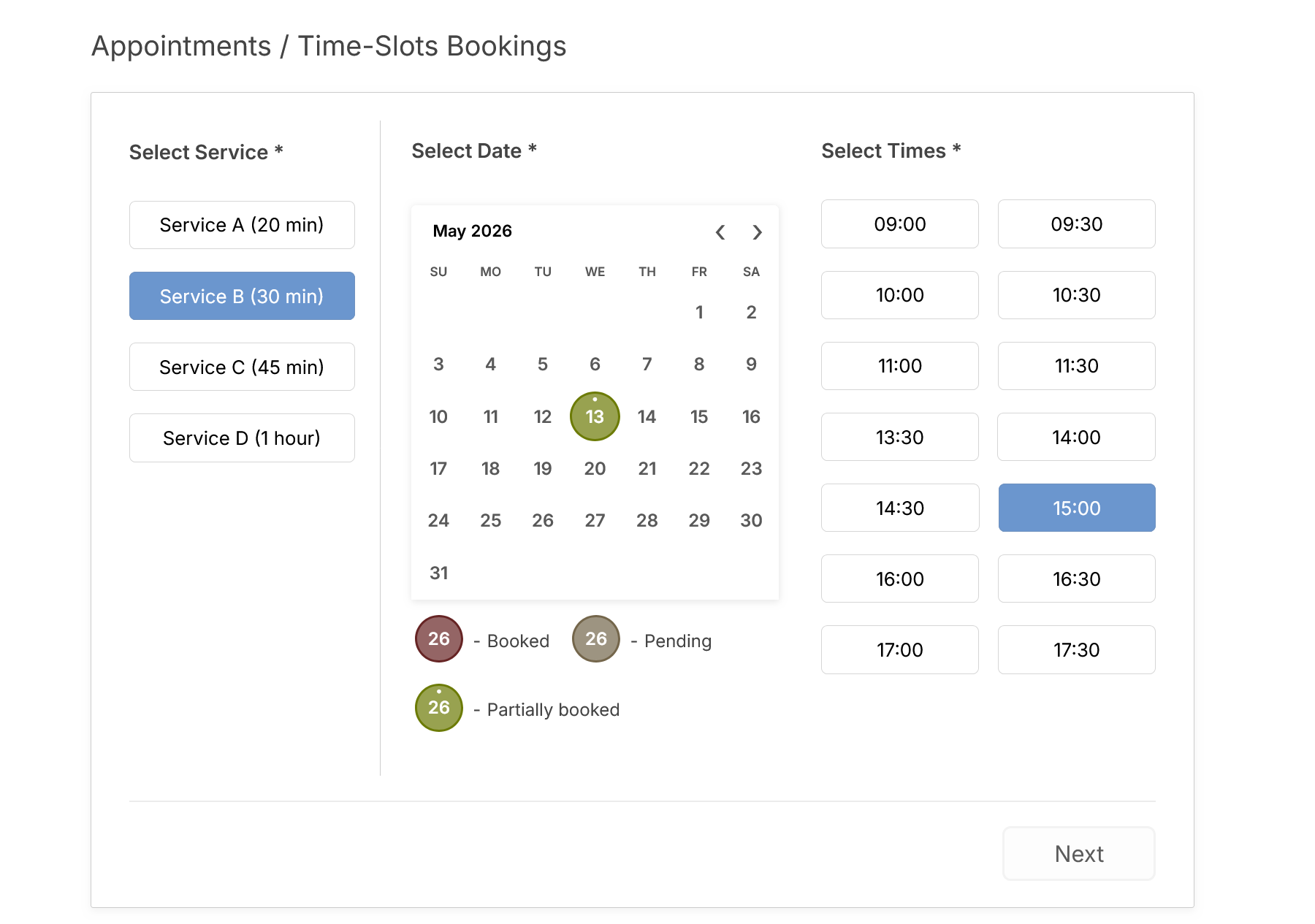 <strong>Time-Slot Appointment Bookings</strong>: This screenshot displays the front-end booking form. It allows users to select <strong>single day</strong> in the calendar and <strong>times</strong> (time-slots or start time and duration of service) in the booking form.