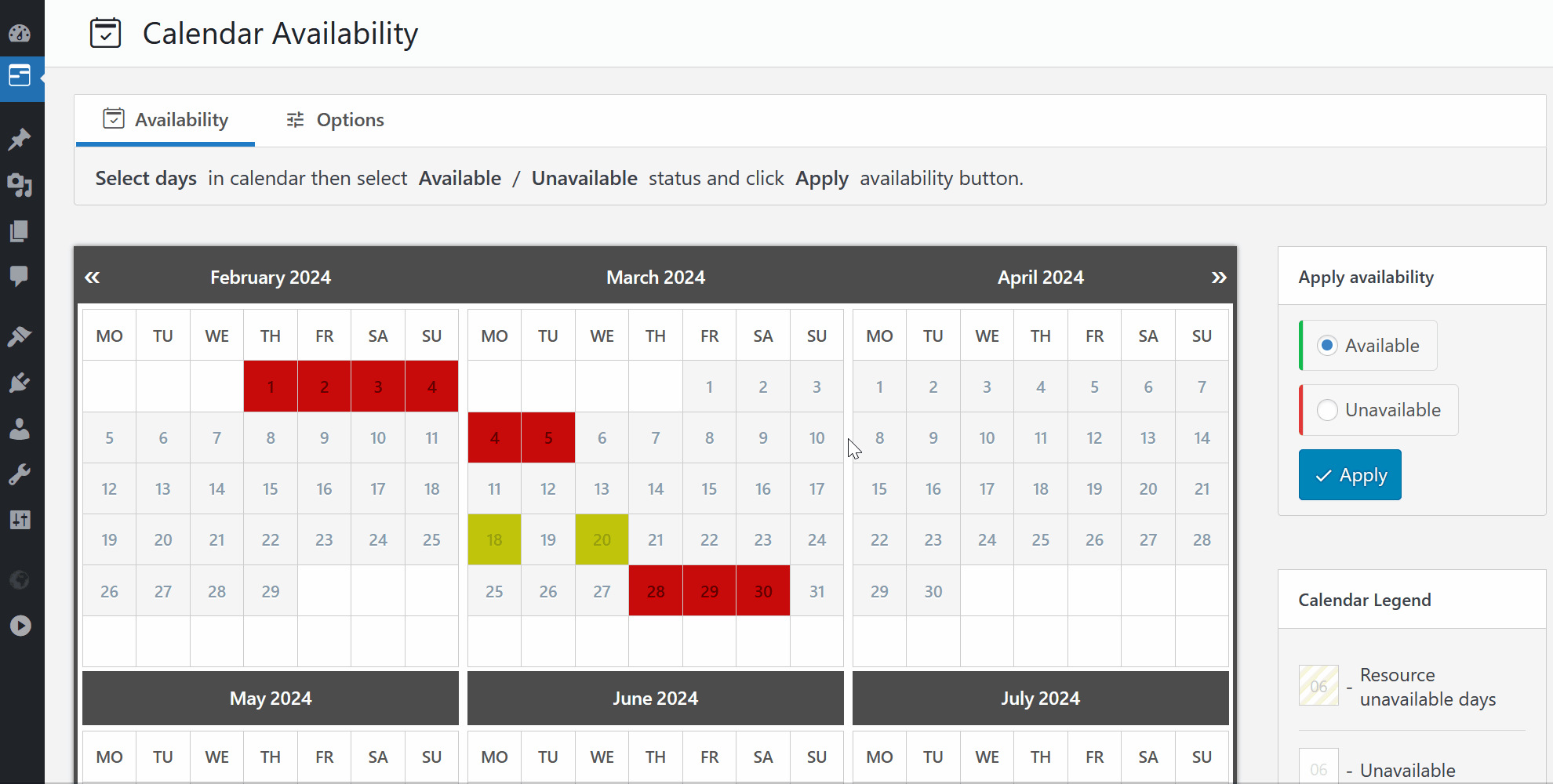 <strong>Calendar Availability</strong>: Select dates, choose the available/unavailable status, and apply it. It's that simple to set dates as unavailable.