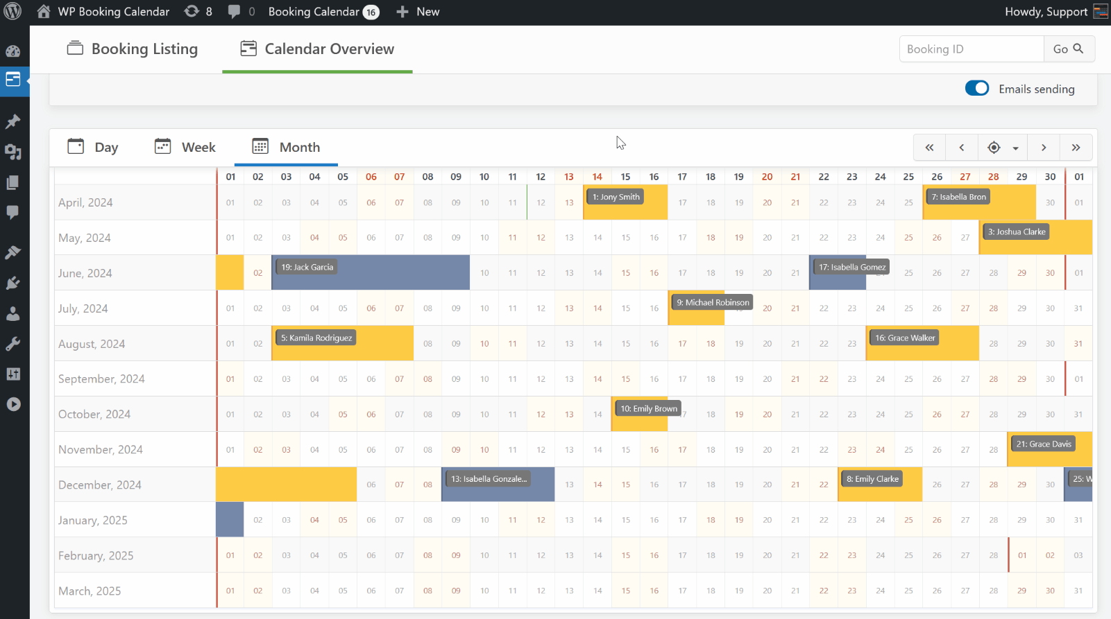 <strong>Calendar Overview</strong>: Easily review all your bookings for the year/weeks/days through an intuitive interface with quick action buttons.