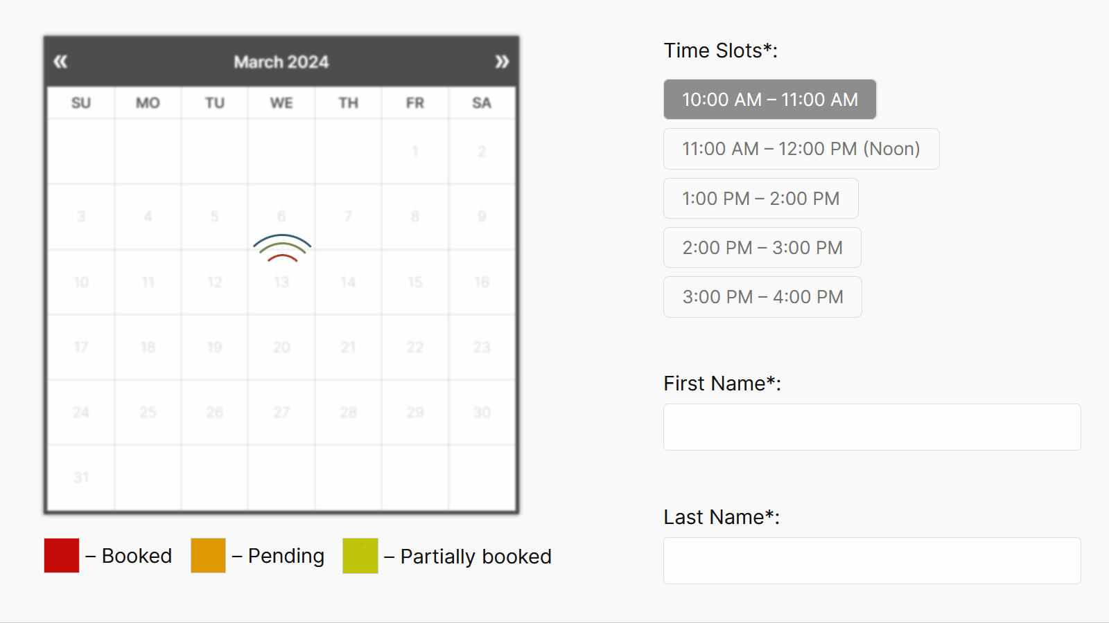 <strong>Time-Slot Appointment Bookings in Legacy Calendar Theme</strong>: Users can select <strong>single day</strong> in the calendar and <strong>time slots</strong> in the booking form.