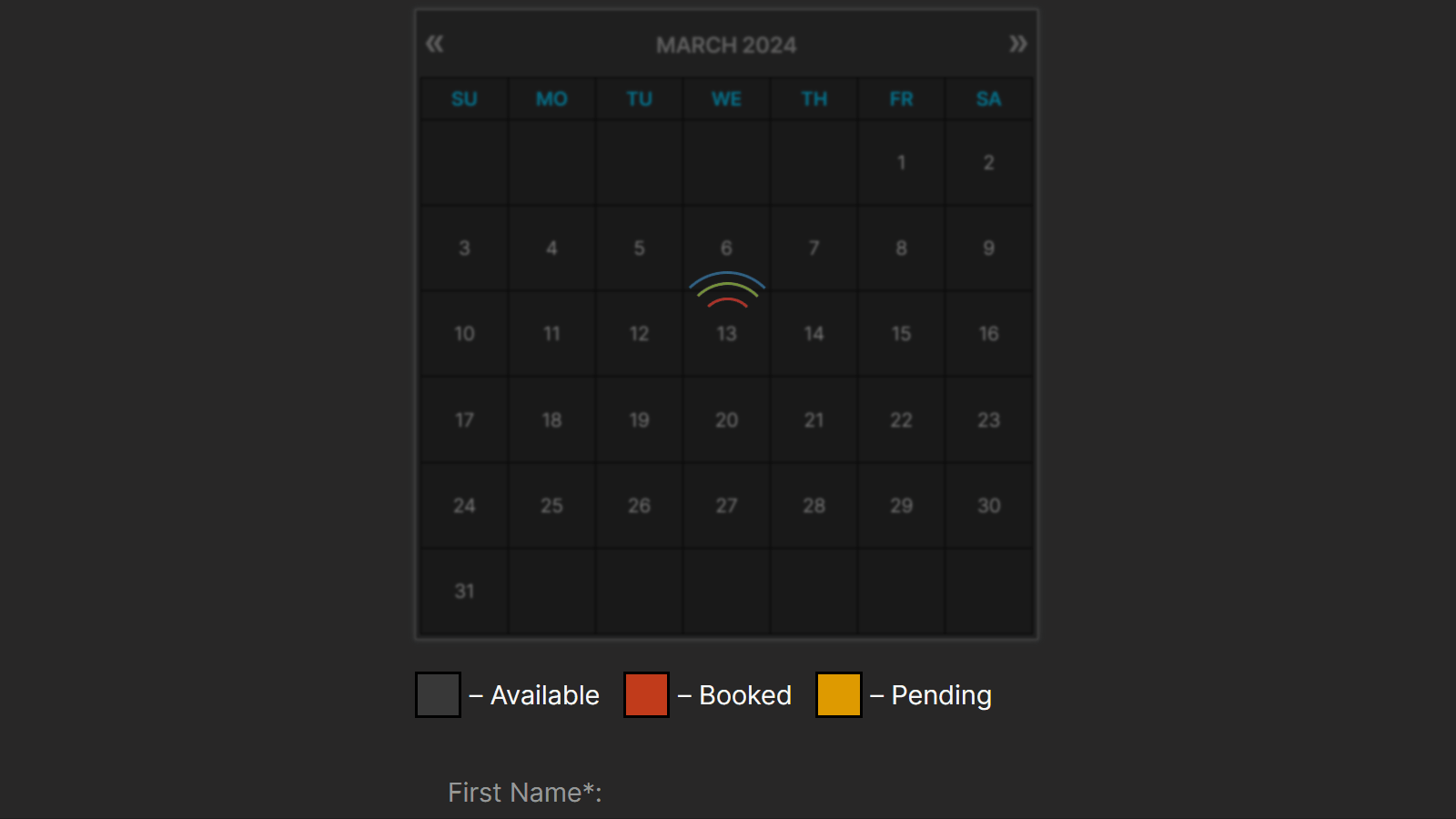 <strong>Full-Day Bookings in Legacy Calendar Theme</strong>: In this screenshot, you can see the front-end booking form, configured in a centered layout with a dark theme. It enables users to select and <strong>book multiple days in the calendar</strong>.