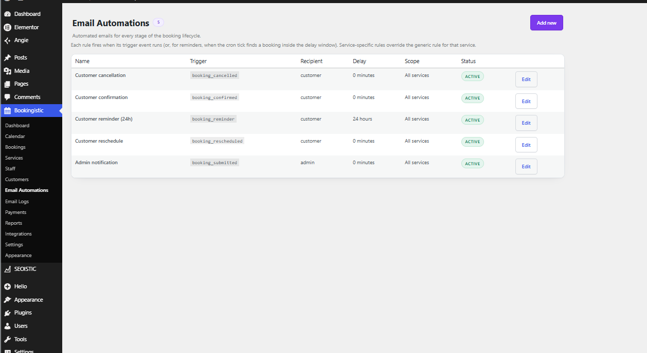 Email automations — confirmation, cancellation, reschedule, and reminder rules
