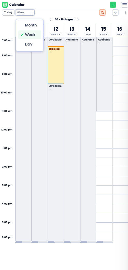 Calendar availability and blocked-time controls.