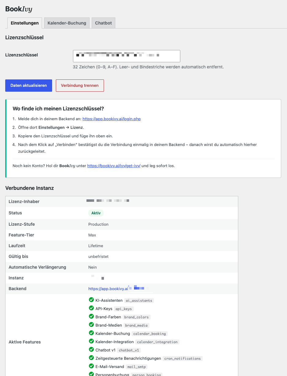 Settings tab with the licence key and the details of the connected instance.