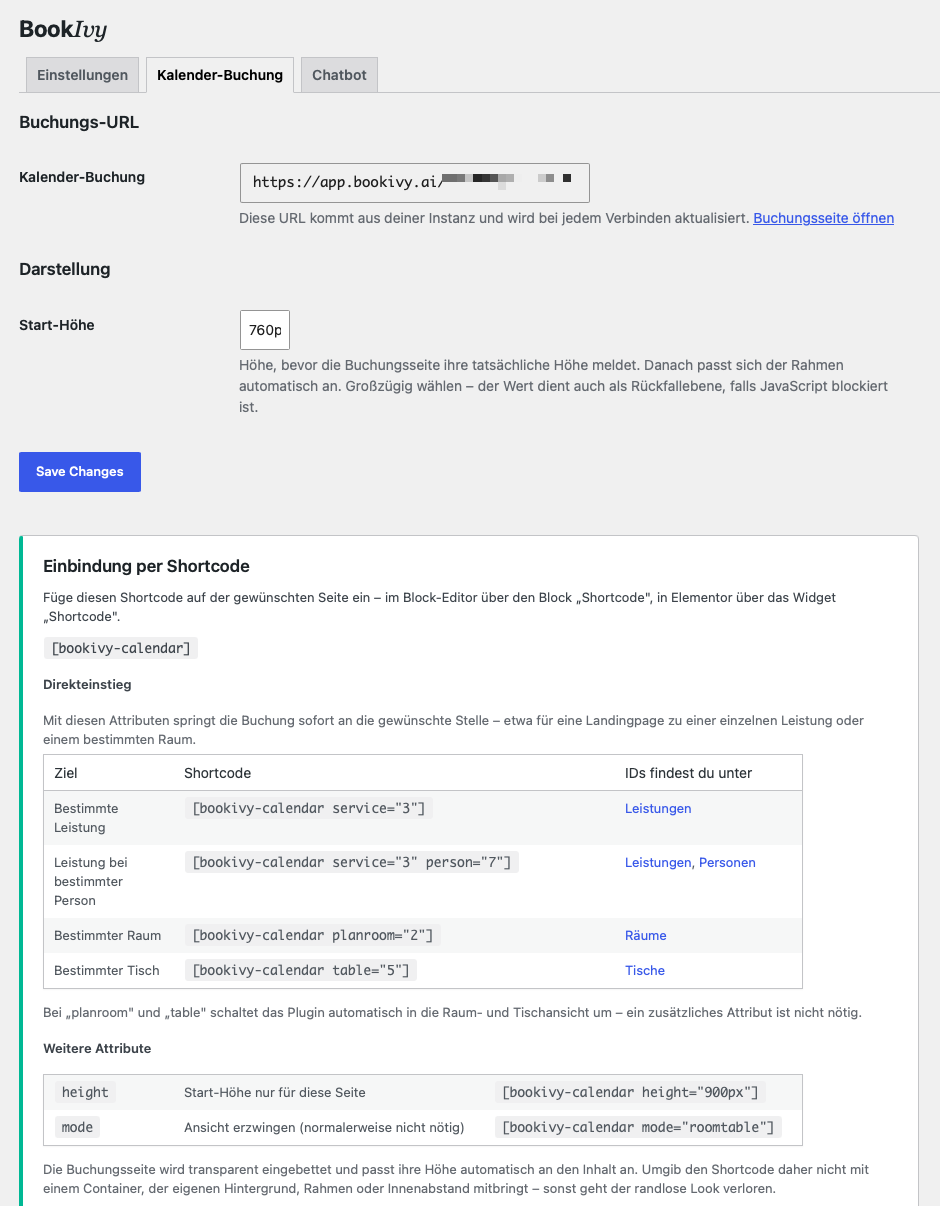 Appointment calendar tab with the booking URL and the available shortcodes.