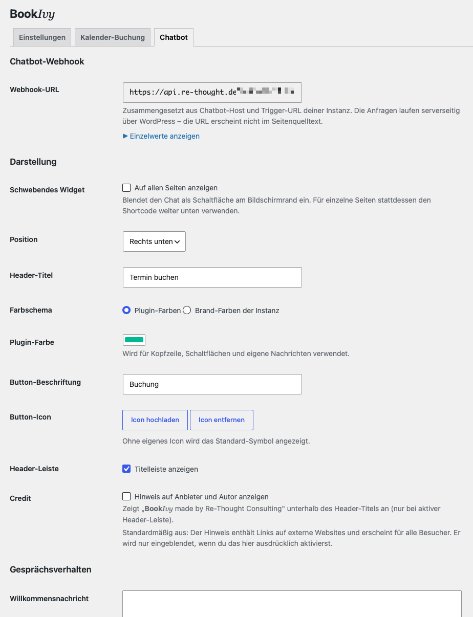 Chatbot tab with the colour scheme selector and the display options.