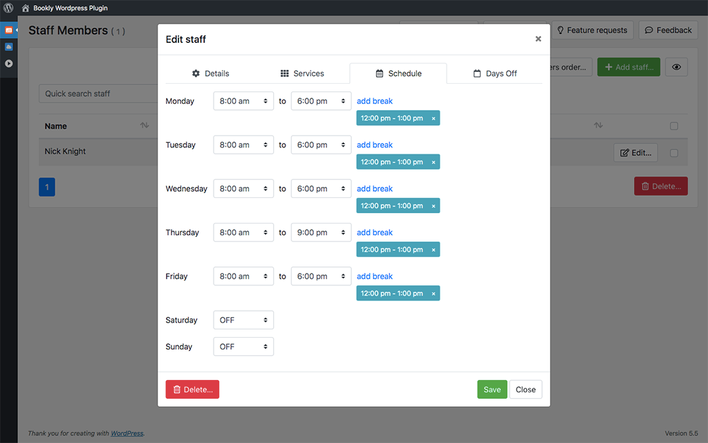 Staff member schedule