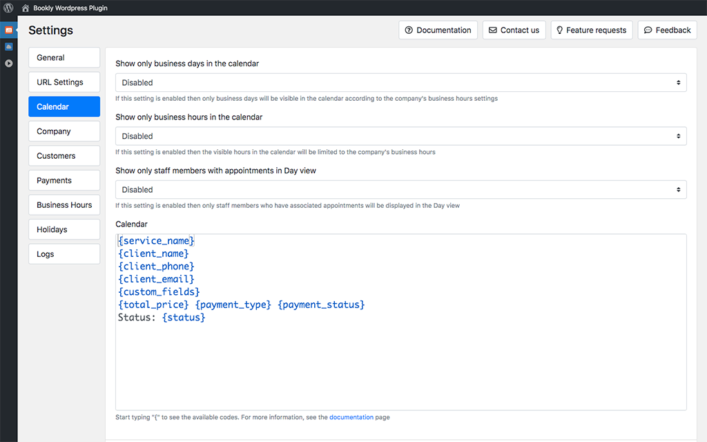 Bookly General settings: edit the record template displayed in the Calendar