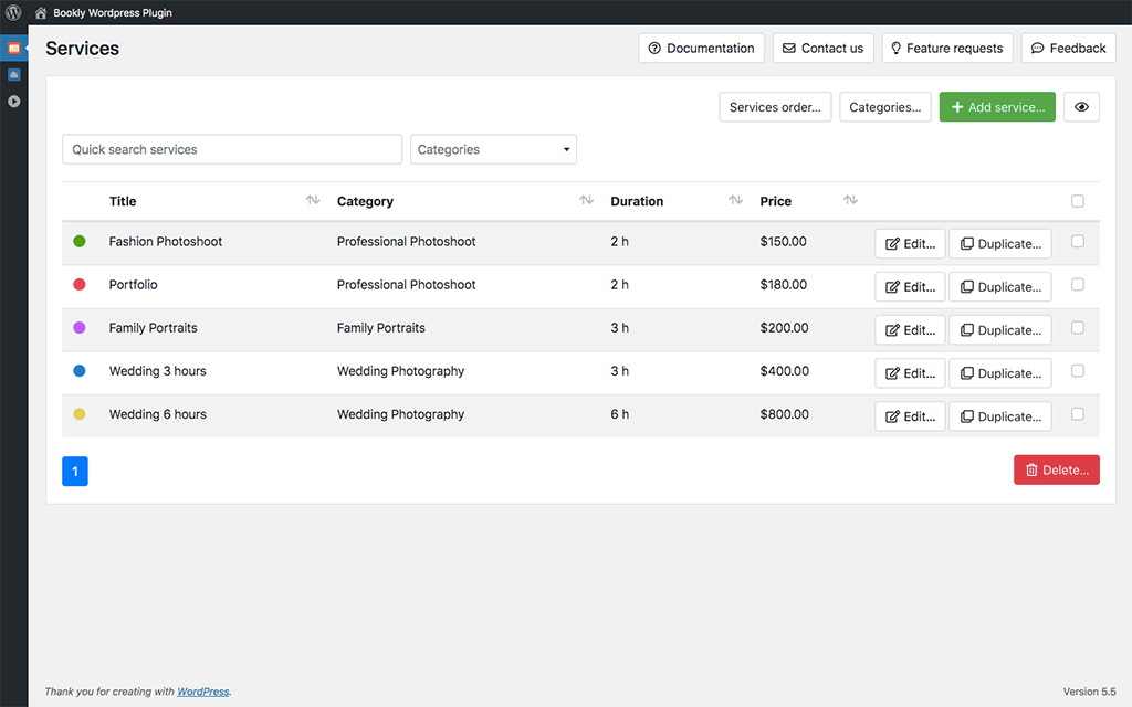 Services grouped into categories