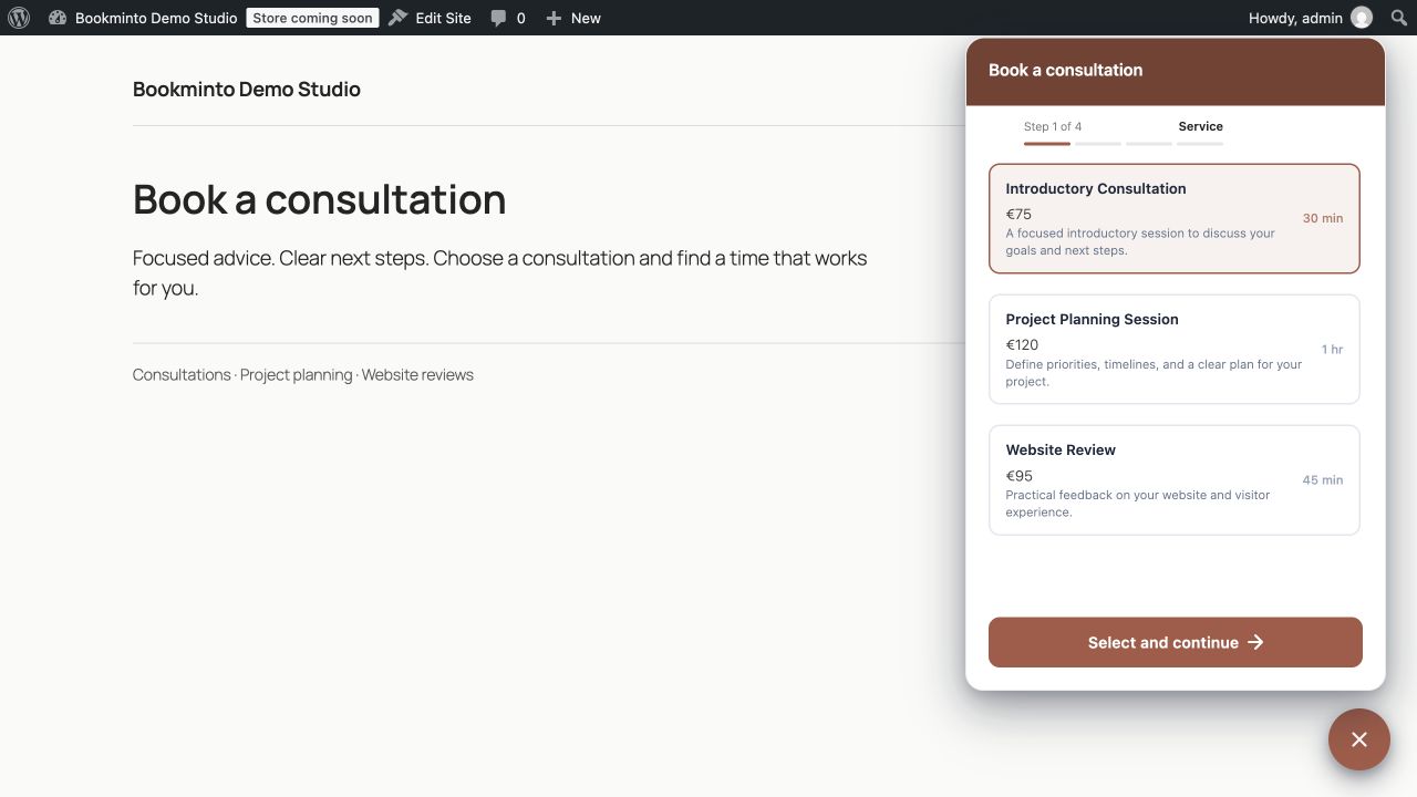 The floating booking widget lets visitors choose a service on a WordPress site.