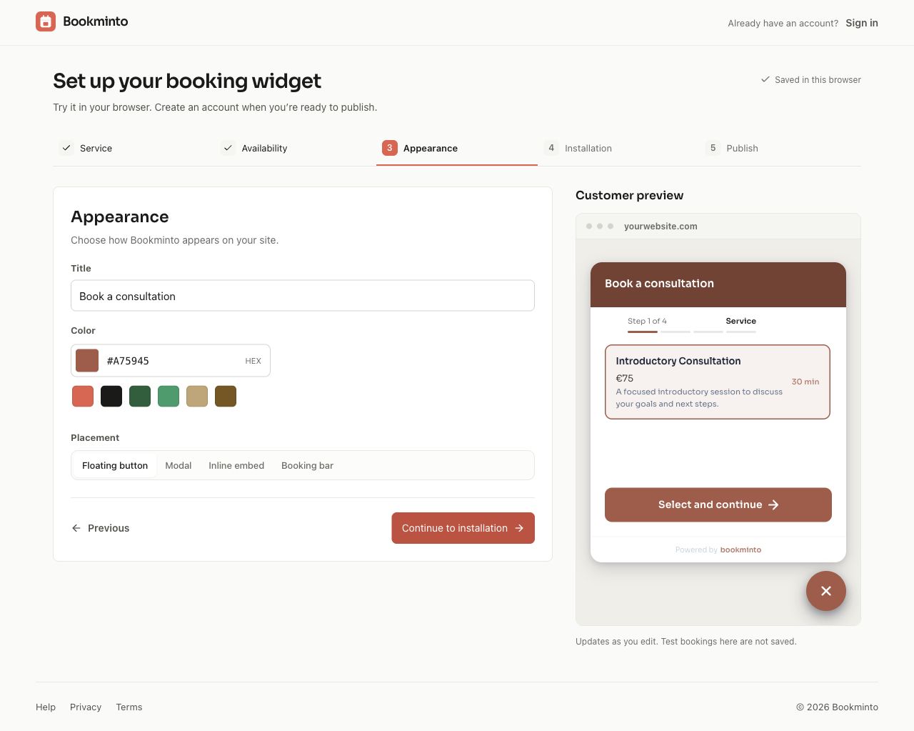 Customize the widget title, appearance, and brand color in the Bookminto setup.